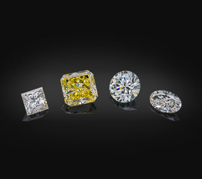 Set of luxury transparent sparkling yellow and colorless gemstones of various cut shape diamonds collage isolated on black background.